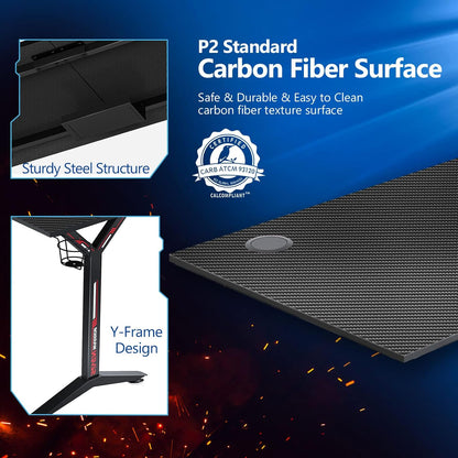 Ergonomic Gaming Table with Monitor Stand, Cup Holder, Headphone Hook, Outlet Organizer